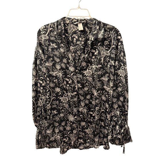 H&M Floral Black White Long Sleeve Blouse Polyester Botanical Print Sz L - Picture 1 of 12